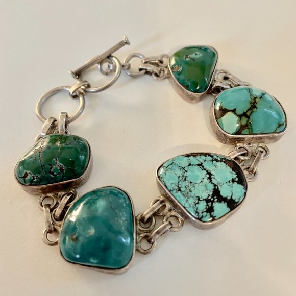 Jewelry - Vintage 925 Silver & Turquoise Link Toggle Clasp Bar Bracelet EUC